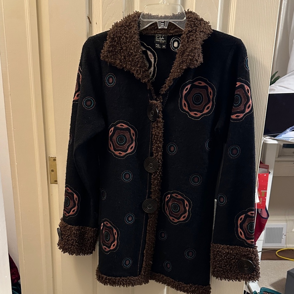 Chic Black and Brown Patterned Teddy Jacket